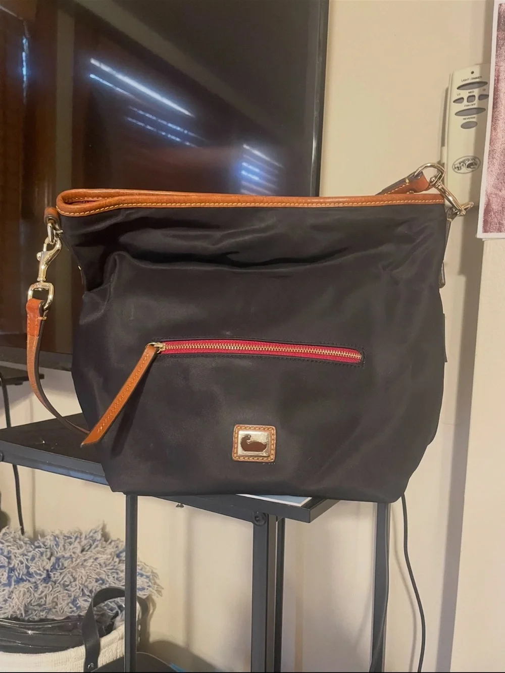 Dooney & Bourke Black Nylon Hobo with Tan Leather Trim and Red Zip